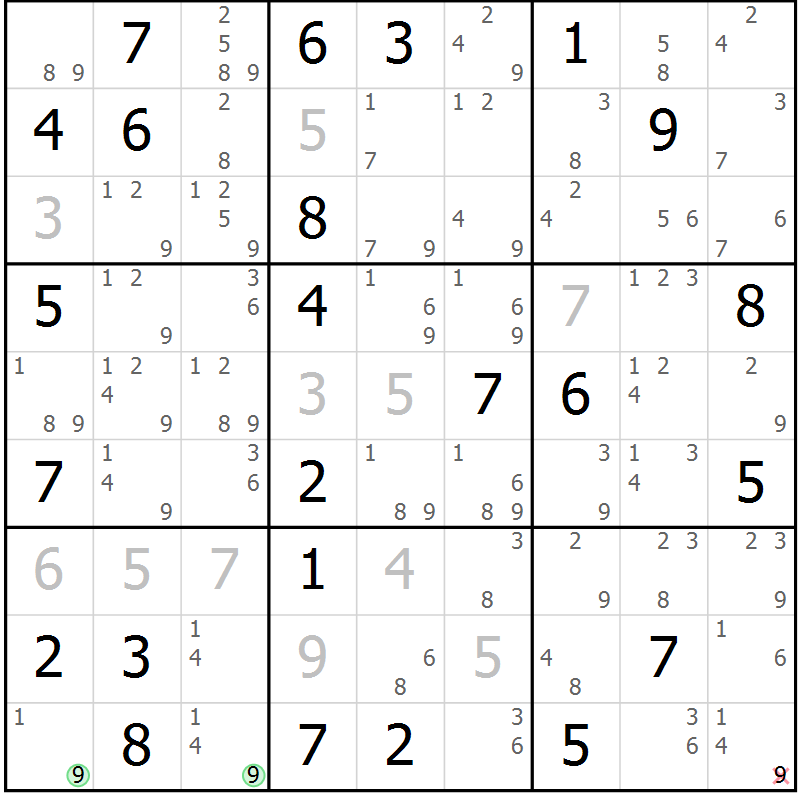 Position des candidats pour la solution de la Gr 64 page 67 du magazine de sudoku Sudoku Suprême n° 039
