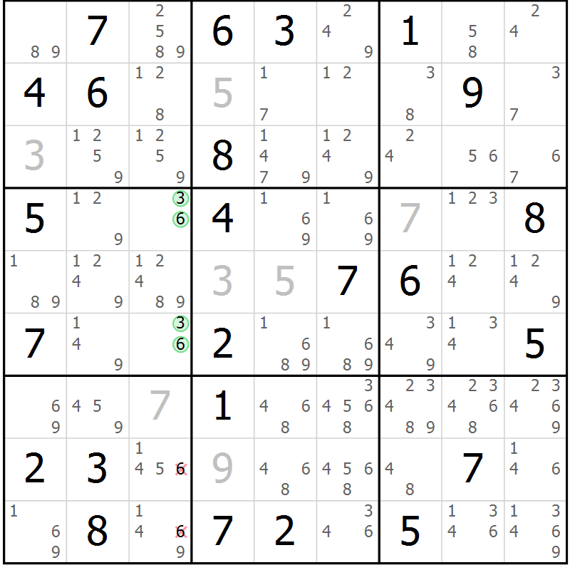 Position des candidats pour la solution de la Gr 64 page 67 du magazine de sudoku Sudoku Suprême n° 039
