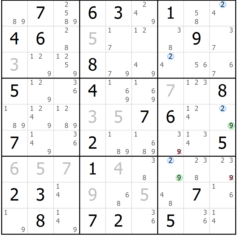 Position des candidats pour la solution de la Gr 64 page 67 du magazine de sudoku Sudoku Suprême n° 039