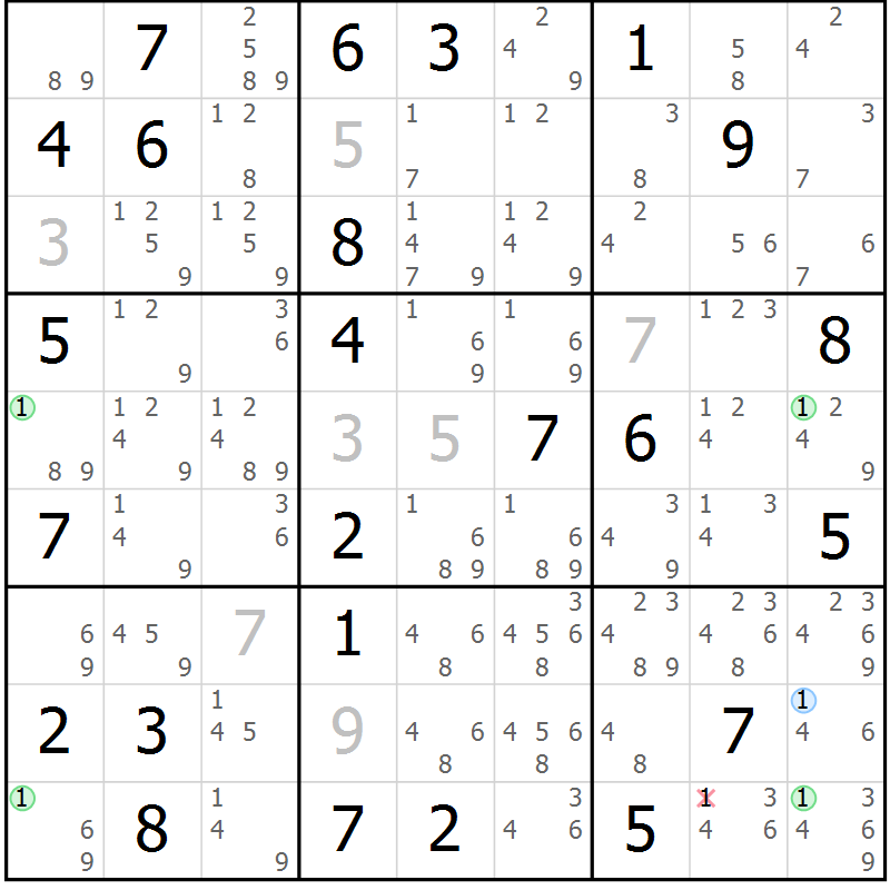 Position des candidats pour la solution de la Gr 64 page 67 du magazine de sudoku Sudoku Suprême n° 039