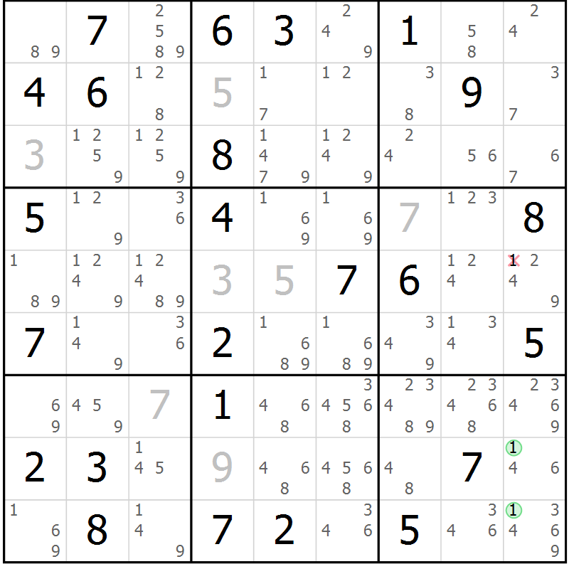 Position des candidats pour la solution de la Gr 64 page 67 du magazine de sudoku Sudoku Suprême n° 039