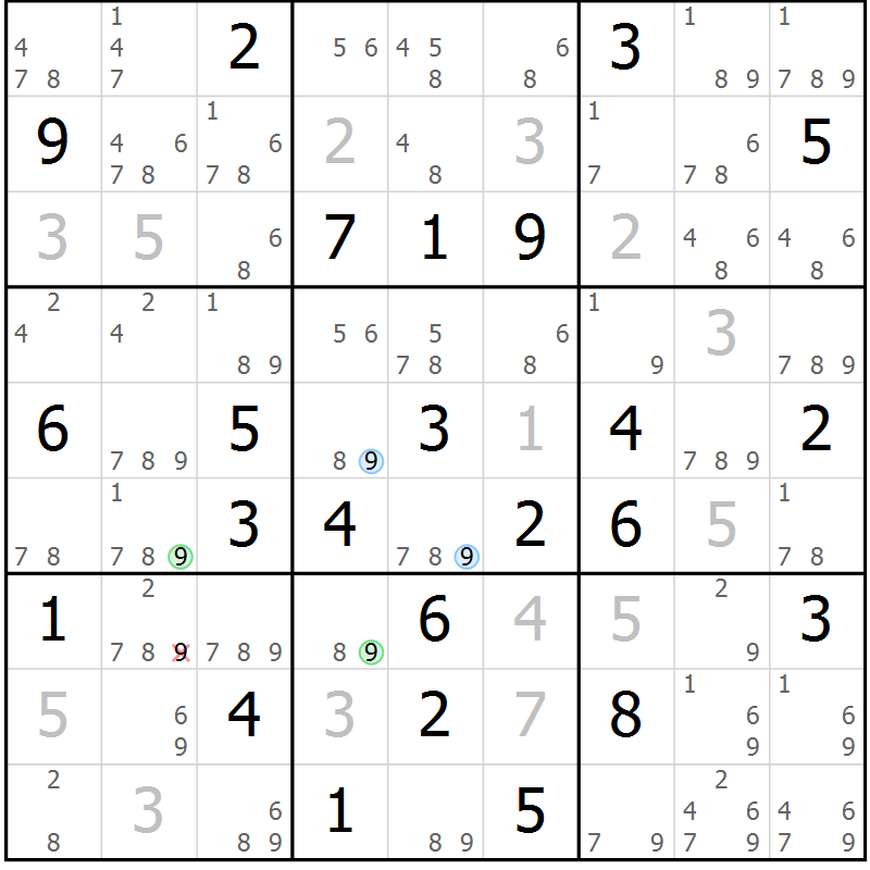 Position des candidats pour la solution de la Gr 65 page 68 du magazine de sudoku Sudoku Suprême n° 039