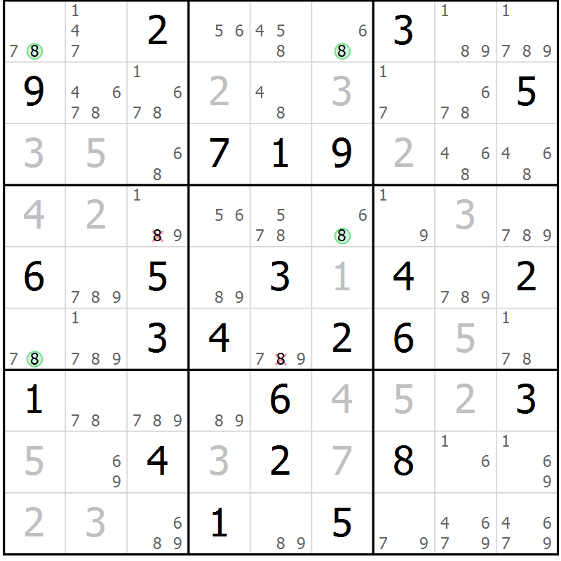 Position des candidats pour la solution de la Gr 65 page 68 du magazine de sudoku Sudoku Suprême n° 039