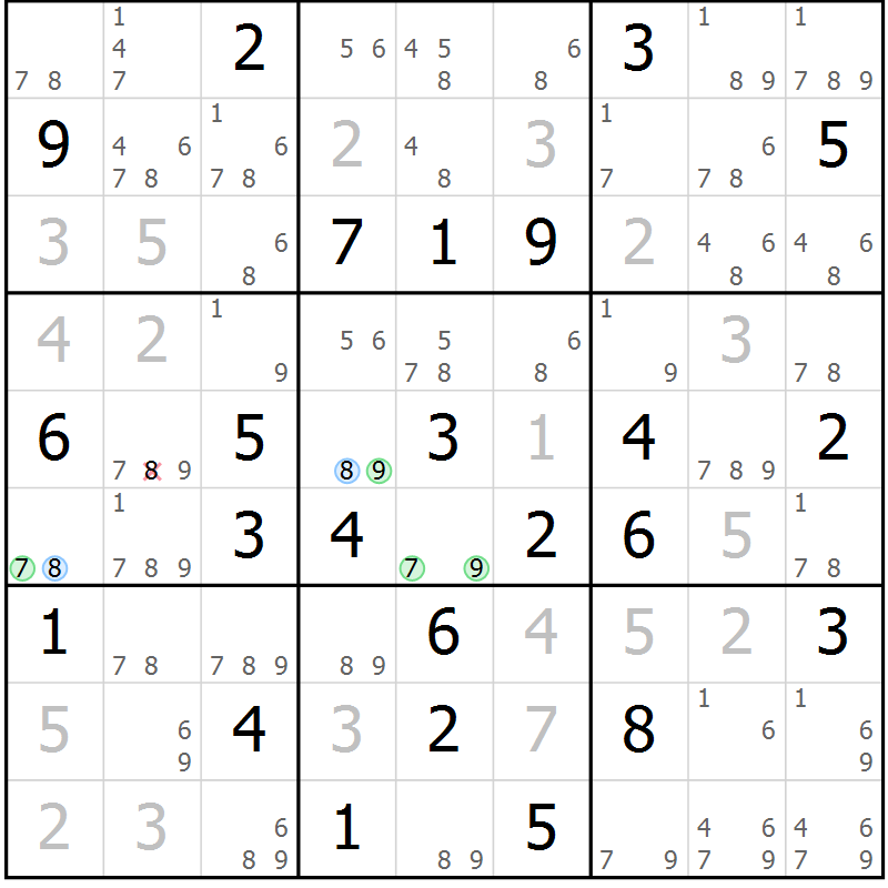 Position des candidats pour la solution de la Gr 65 page 68 du magazine de sudoku Sudoku Suprême n° 039