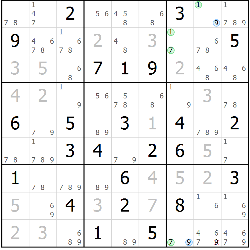 Position des candidats pour la solution de la Gr 65 page 68 du magazine de sudoku Sudoku Suprême n° 039