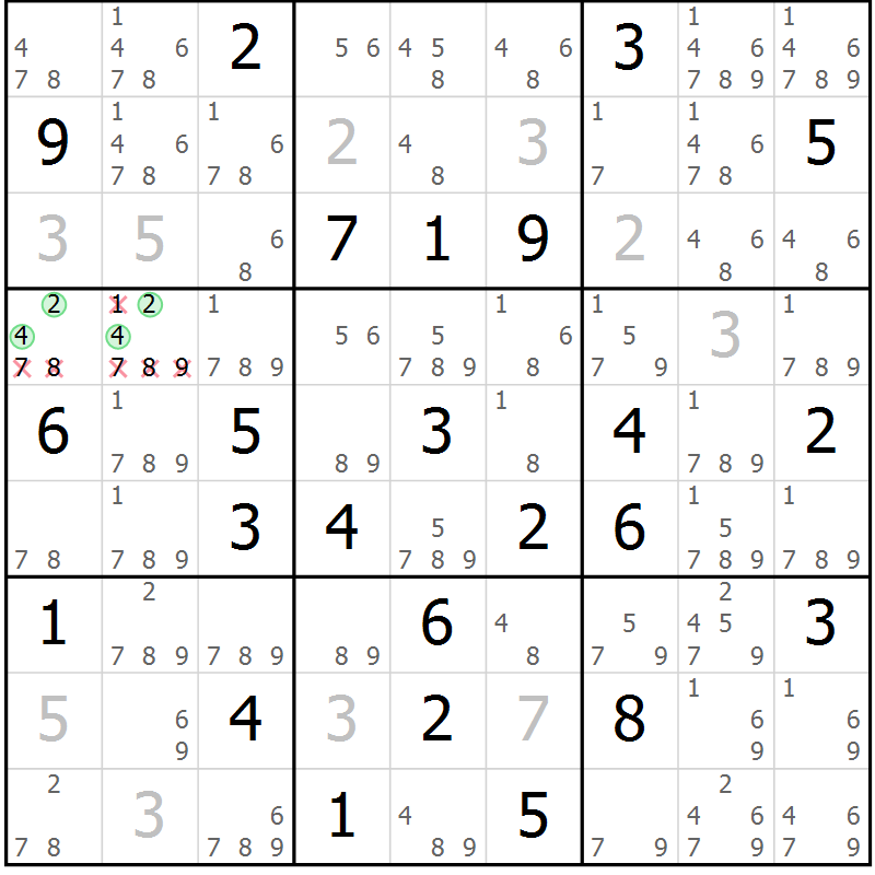 Position des candidats pour la solution de la Gr 65 page 68 du magazine de sudoku Sudoku Suprême n° 039