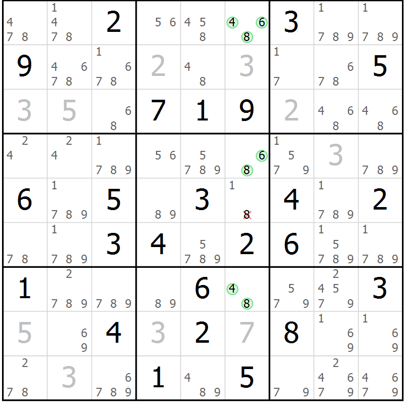 Position des candidats pour la solution de la Gr 65 page 68 du magazine de sudoku Sudoku Suprême n° 039