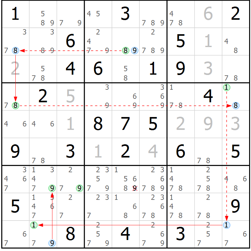 Position des candidats pour la solution de la Gr 66 page 69 du magazine de sudoku Sudoku Suprême n° 039