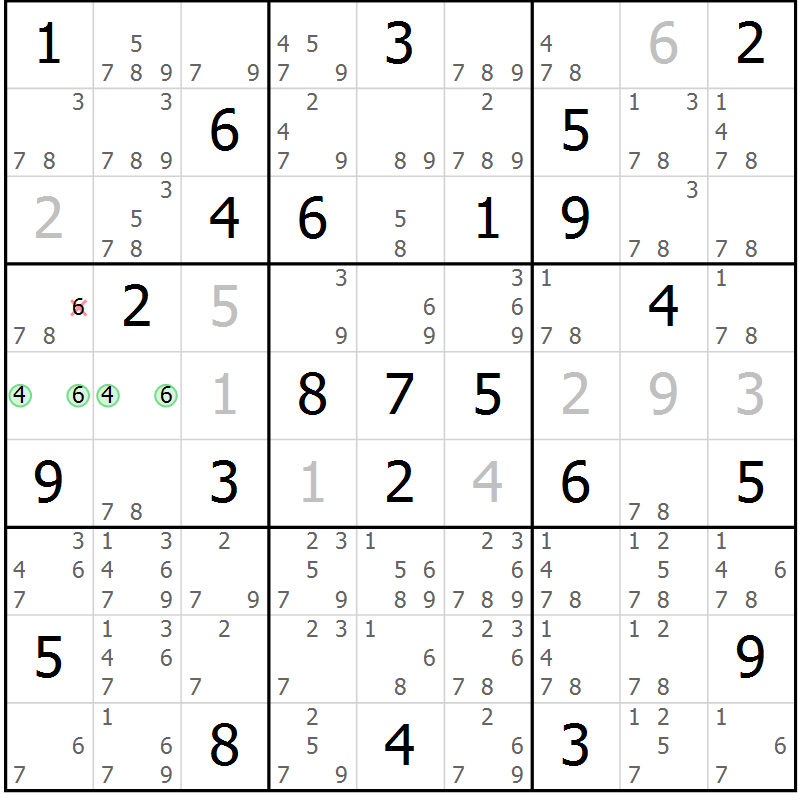 Position des candidats pour la solution de la Gr 66 page 69 du magazine de sudoku Sudoku Suprême n° 039
