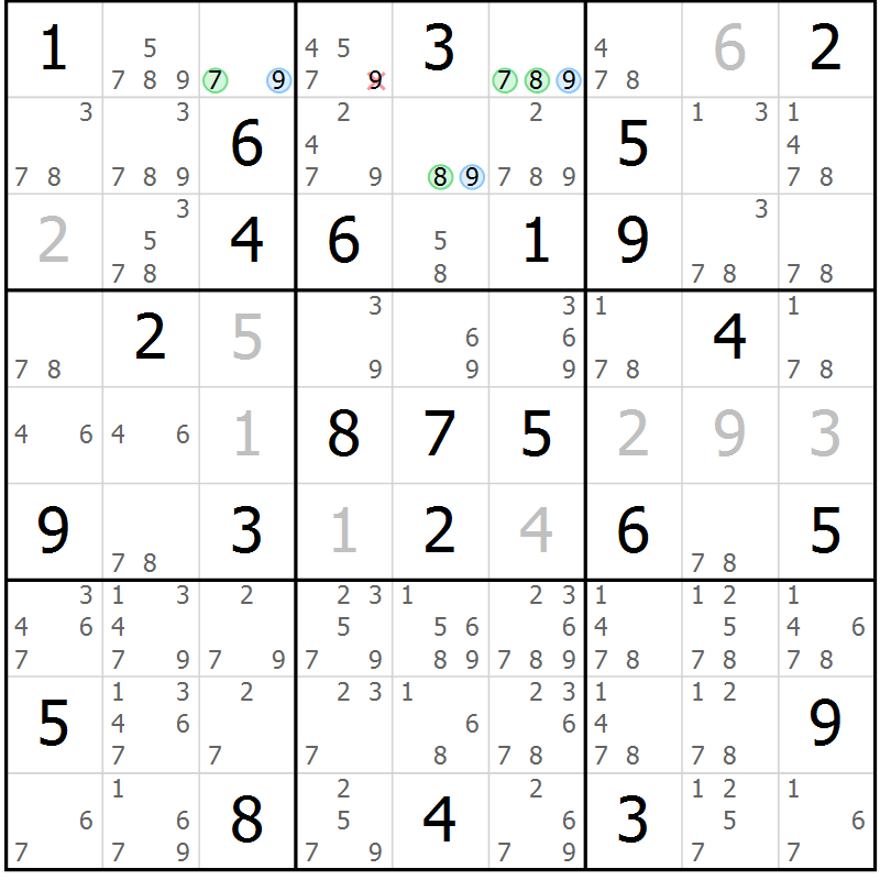 Position des candidats pour la solution de la Gr 66 page 69 du magazine de sudoku Sudoku Suprême n° 039