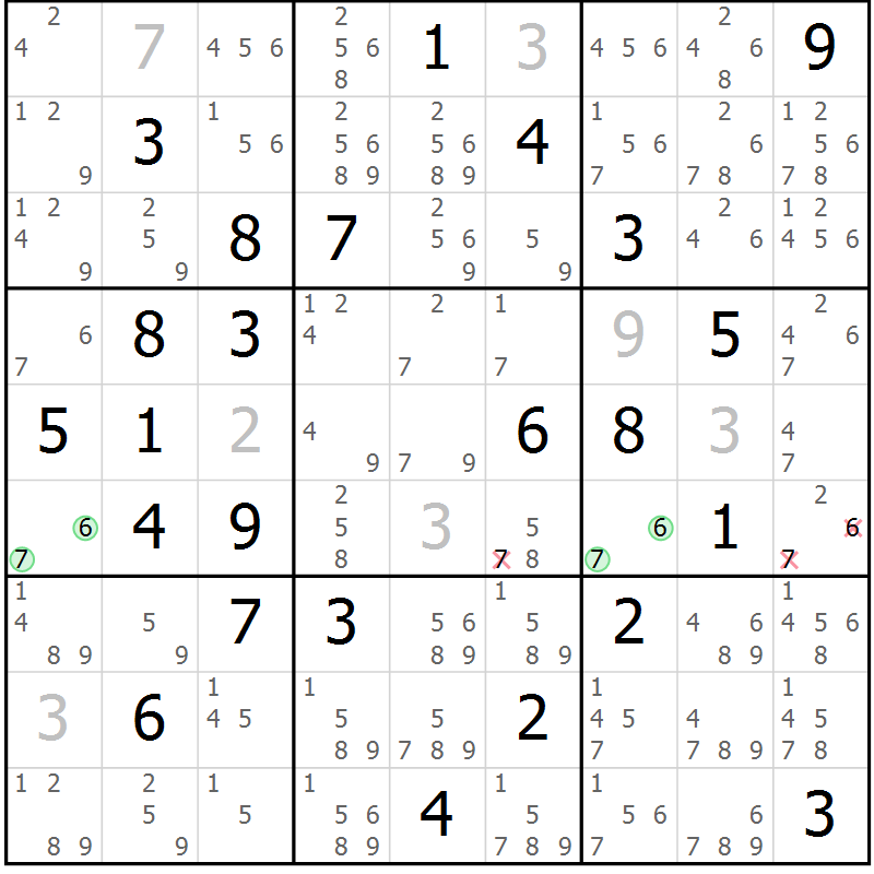 Position des candidats pour la solution de la Gr 67 page 70 du magazine de sudoku Sudoku Suprême n° 039