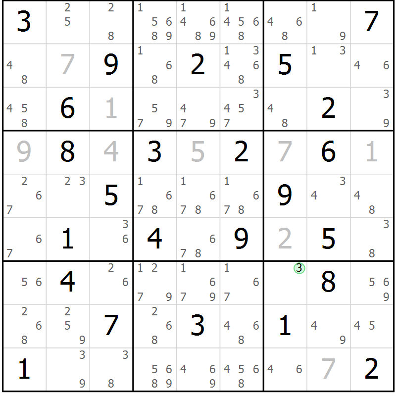 Position des candidats pour la solution de la Gr 68 page 71 du magazine de sudoku Sudoku Suprême n° 039