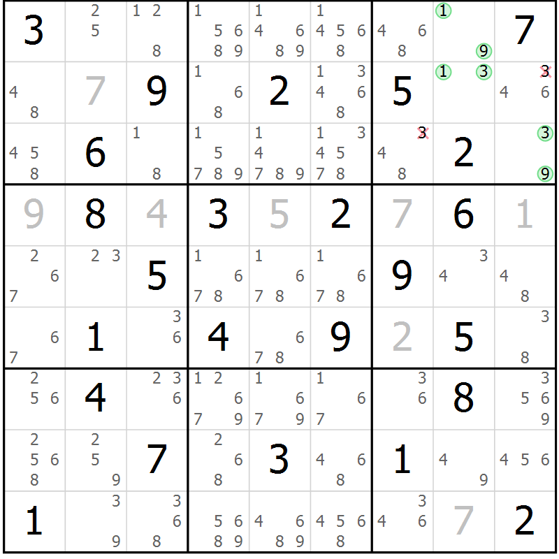 Position des candidats pour la solution de la Gr 68 page 71 du magazine de sudoku Sudoku Suprême n° 039