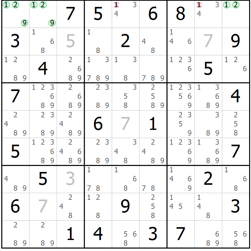 Position des candidats pour la solution de la Gr 69 page 72 du magazine de sudoku Sudoku Suprême n° 039