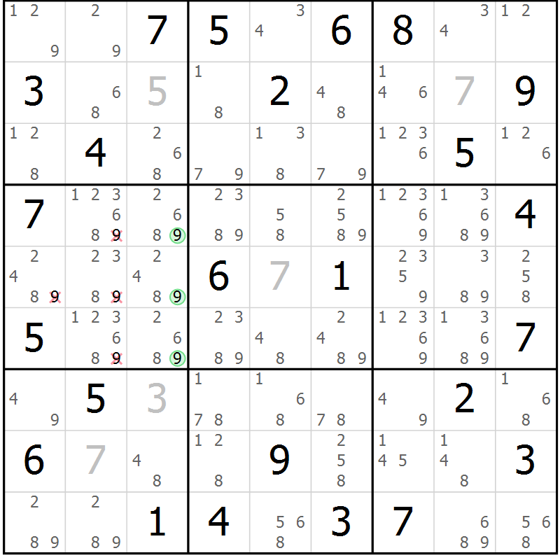 Position des candidats pour la solution de la Gr 69 page 72 du magazine de sudoku Sudoku Suprême n° 039