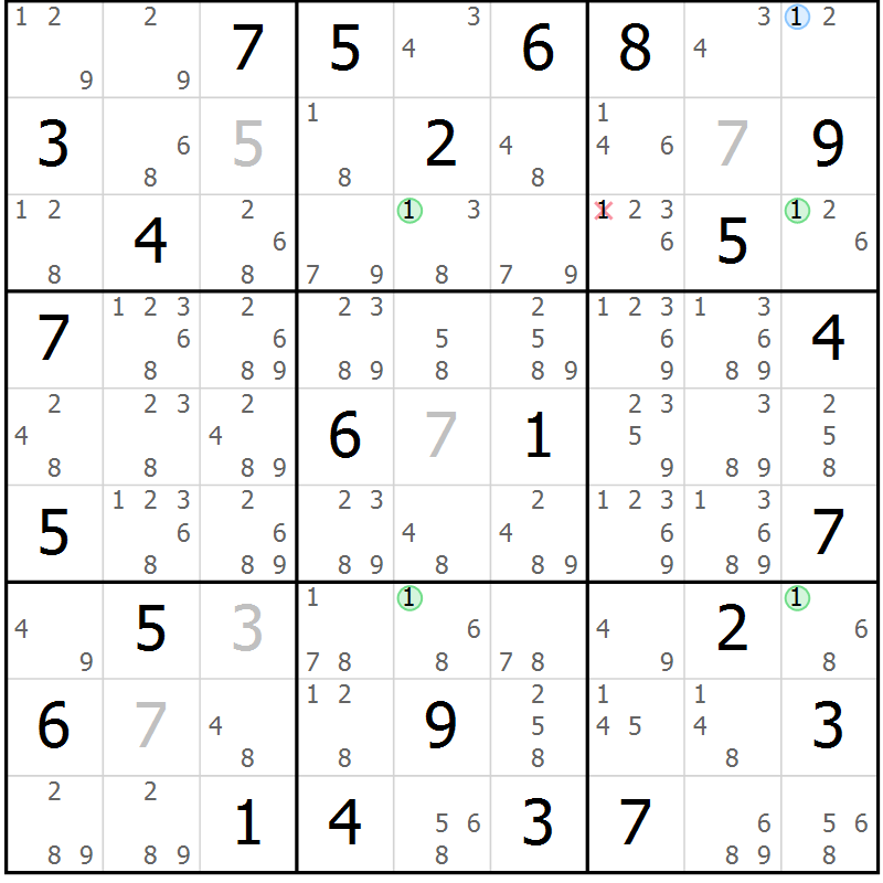 Position des candidats pour la solution de la Gr 69 page 72 du magazine de sudoku Sudoku Suprême n° 039
