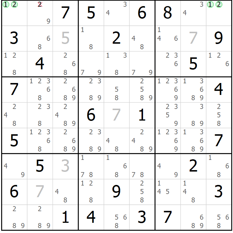 Position des candidats pour la solution de la Gr 69 page 72 du magazine de sudoku Sudoku Suprême n° 039
