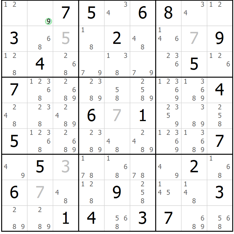 Position des candidats pour la solution de la Gr 69 page 72 du magazine de sudoku Sudoku Suprême n° 039
