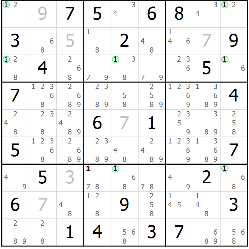 Position des candidats pour la solution de la Gr 69 page 72 du magazine de sudoku Sudoku Suprême n° 039