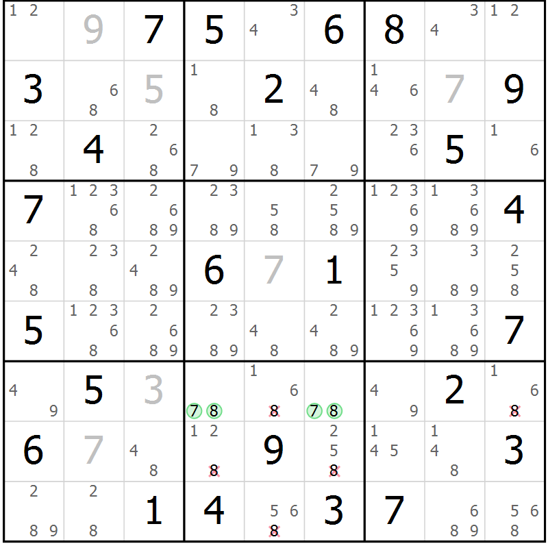 Position des candidats pour la solution de la Gr 69 page 72 du magazine de sudoku Sudoku Suprême n° 039