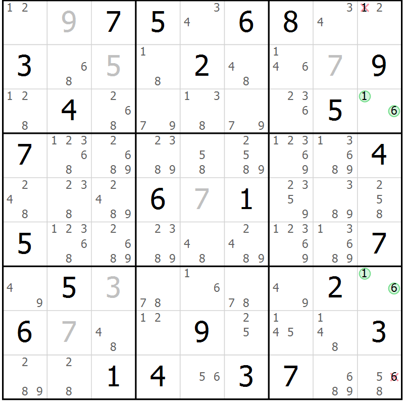 Position des candidats pour la solution de la Gr 69 page 72 du magazine de sudoku Sudoku Suprême n° 039