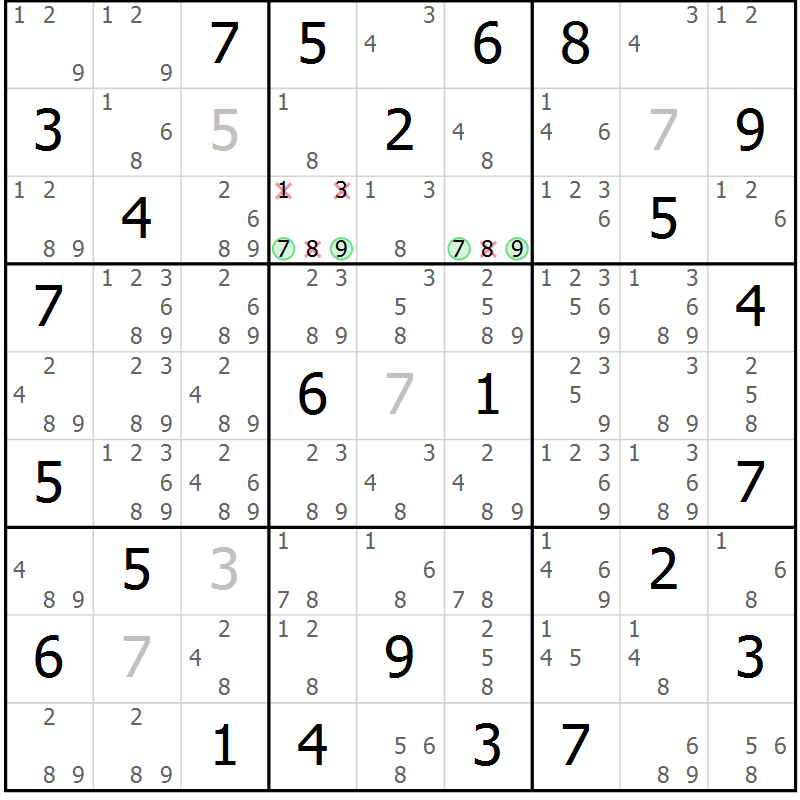 Position des candidats pour la solution de la Gr 69 page 72 du magazine de sudoku Sudoku Suprême n° 039