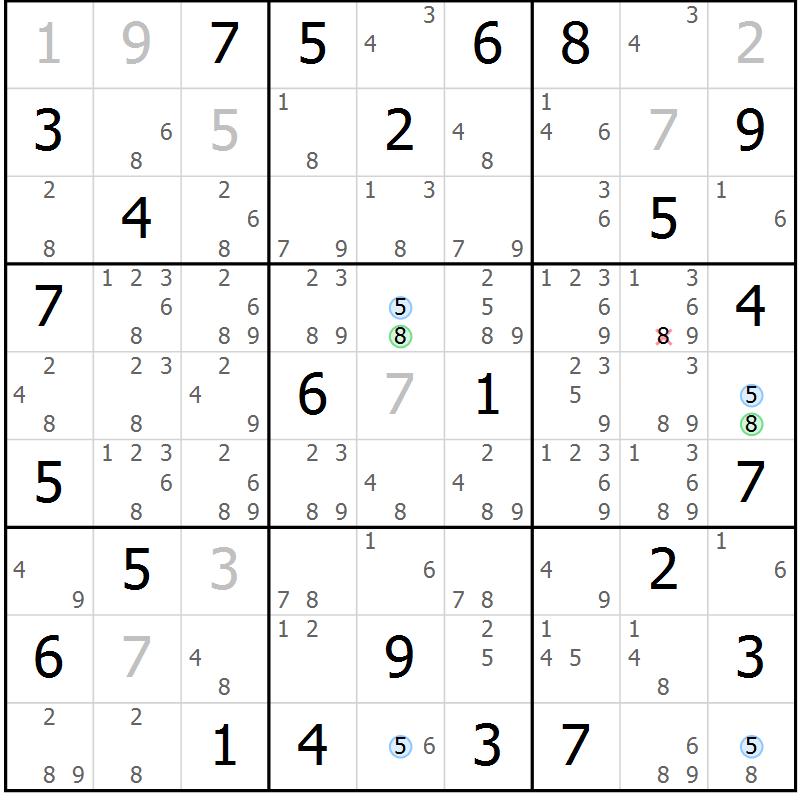 Position des candidats pour la solution de la Gr 69 page 72 du magazine de sudoku Sudoku Suprême n° 039