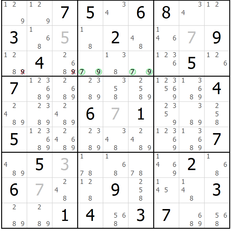 Position des candidats pour la solution de la Gr 69 page 72 du magazine de sudoku Sudoku Suprême n° 039
