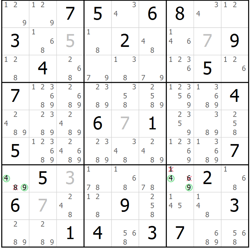 Position des candidats pour la solution de la Gr 69 page 72 du magazine de sudoku Sudoku Suprême n° 039