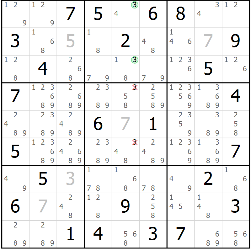 Position des candidats pour la solution de la Gr 69 page 72 du magazine de sudoku Sudoku Suprême n° 039