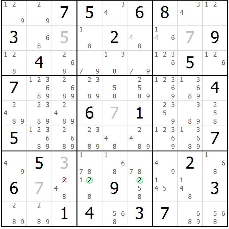 Position des candidats pour la solution de la Gr 69 page 72 du magazine de sudoku Sudoku Suprême n° 039