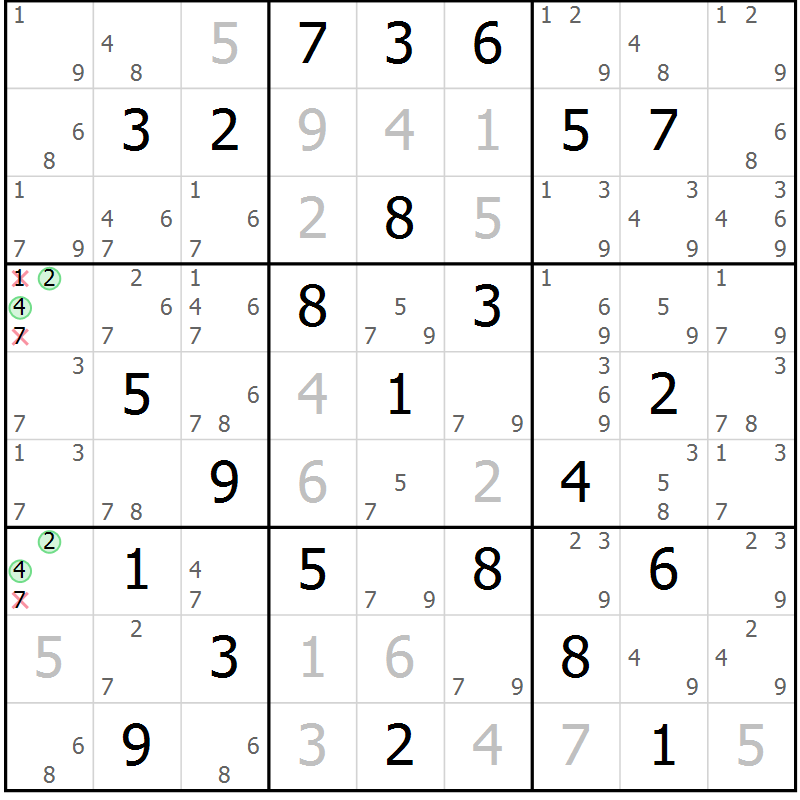 Position des candidats pour la solution de la Gr 70 page 73 du magazine de sudoku Sudoku Suprême n° 039