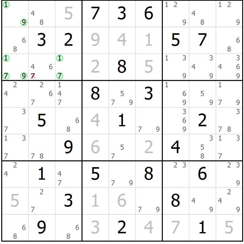 Position des candidats pour la solution de la Gr 70 page 73 du magazine de sudoku Sudoku Suprême n° 039