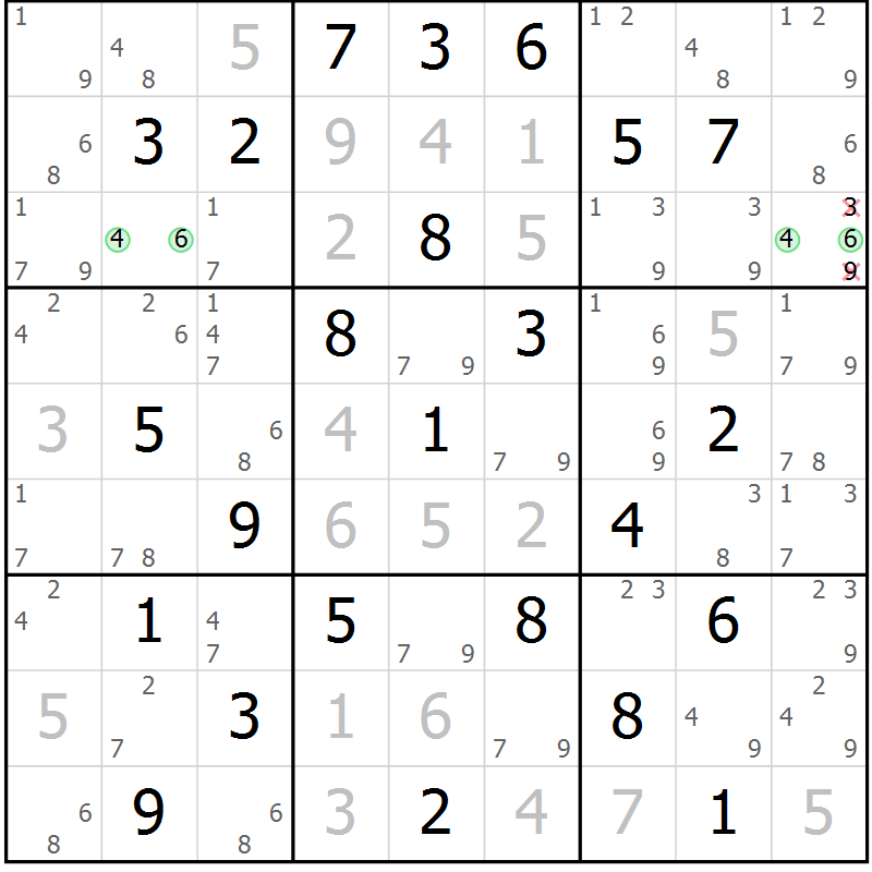 Position des candidats pour la solution de la Gr 70 page 73 du magazine de sudoku Sudoku Suprême n° 039