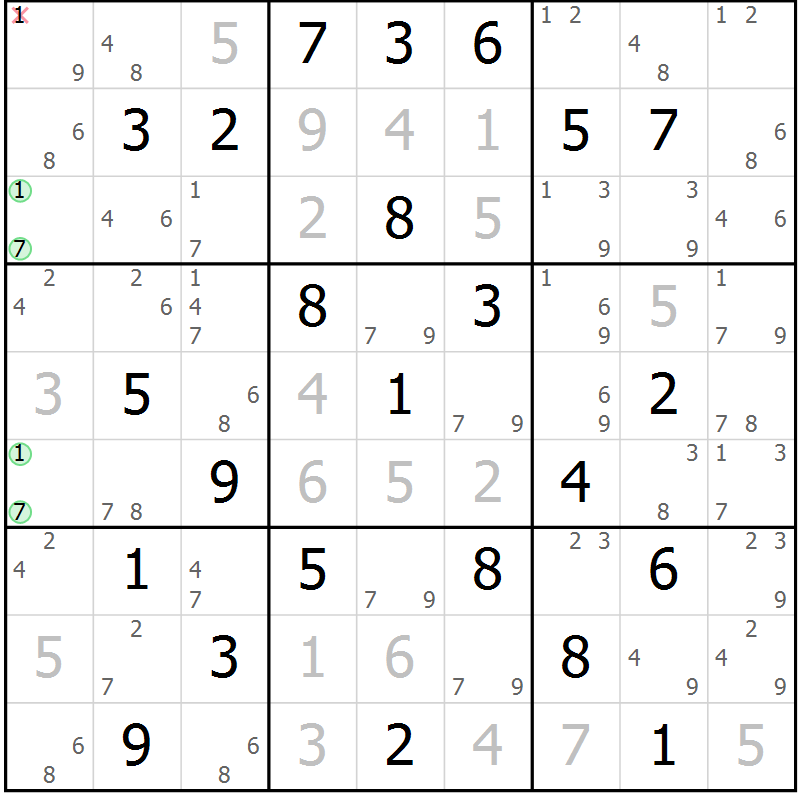 Position des candidats pour la solution de la Gr 70 page 73 du magazine de sudoku Sudoku Suprême n° 039