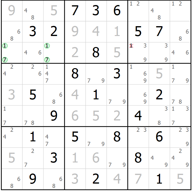Position des candidats pour la solution de la Gr 70 page 73 du magazine de sudoku Sudoku Suprême n° 039