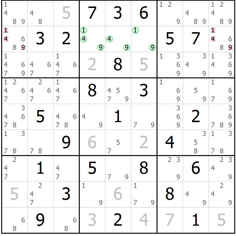 Position des candidats pour la solution de la Gr 70 page 73 du magazine de sudoku Sudoku Suprême n° 039
