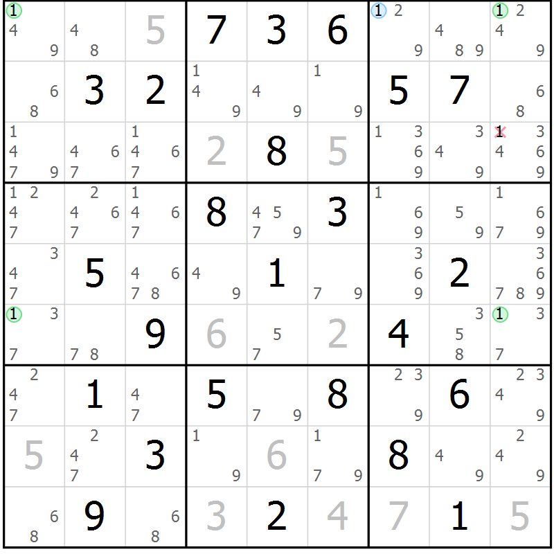 Position des candidats pour la solution de la Gr 70 page 73 du magazine de sudoku Sudoku Suprême n° 039