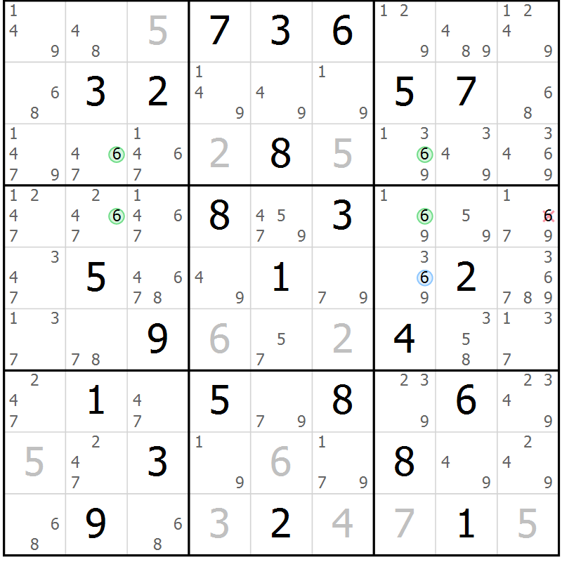 Position des candidats pour la solution de la Gr 70 page 73 du magazine de sudoku Sudoku Suprême n° 039