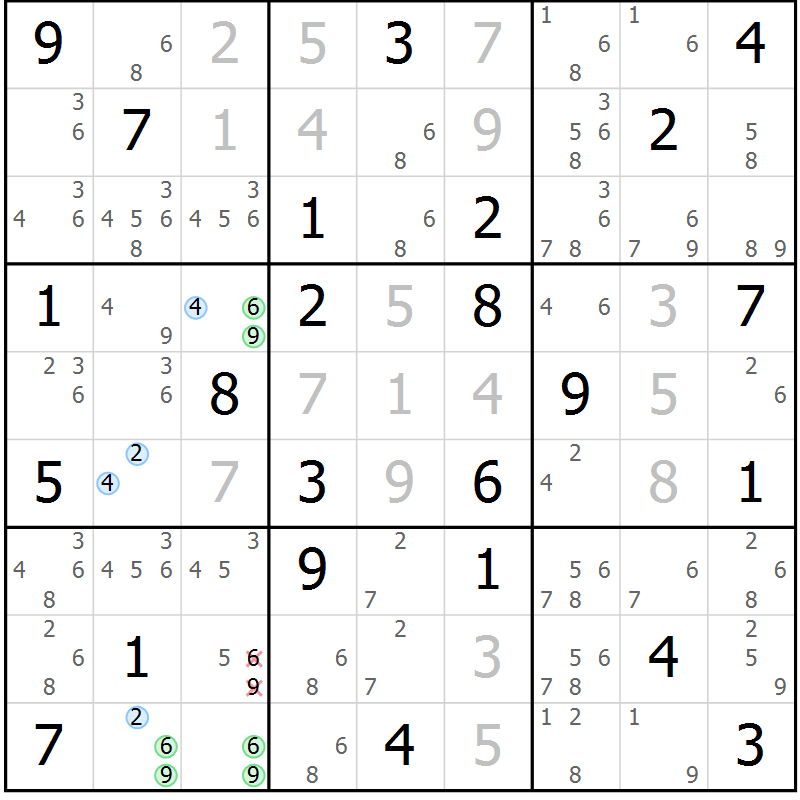 Position des candidats pour la solution de la Gr 71 page 74 du magazine de sudoku Sudoku Suprême n° 039