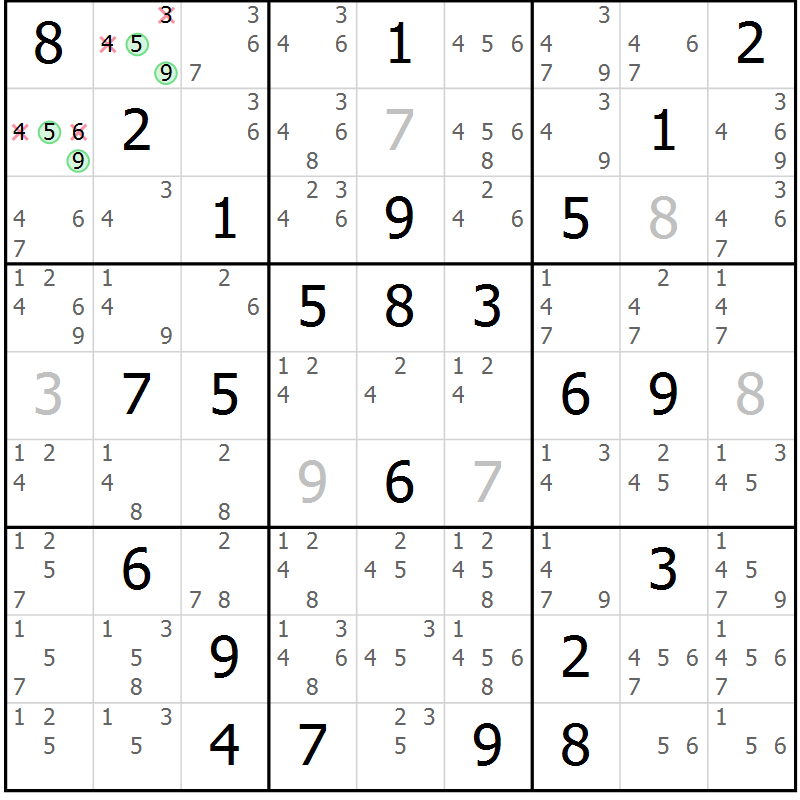 Position des candidats pour la solution de la Gr 72 page 75 du magazine de sudoku Sudoku Suprême n° 039