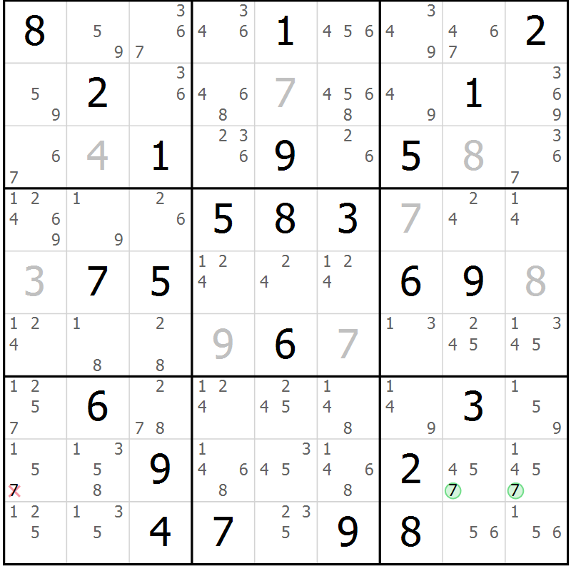Position des candidats pour la solution de la Gr 72 page 75 du magazine de sudoku Sudoku Suprême n° 039