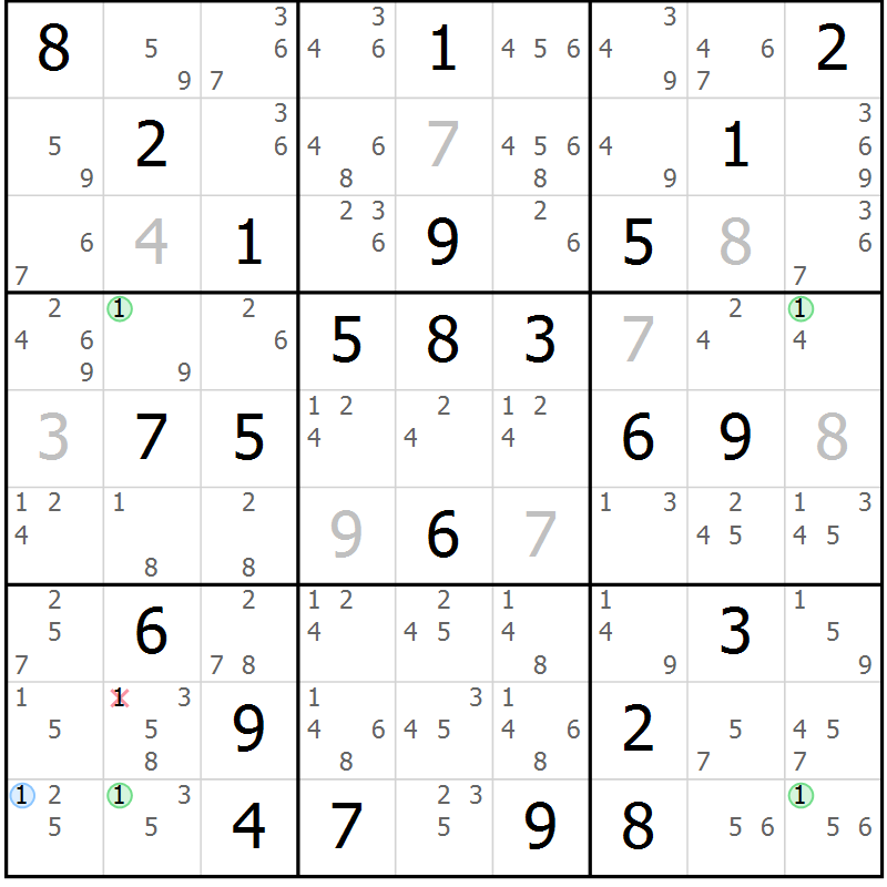 Position des candidats pour la solution de la Gr 72 page 75 du magazine de sudoku Sudoku Suprême n° 039