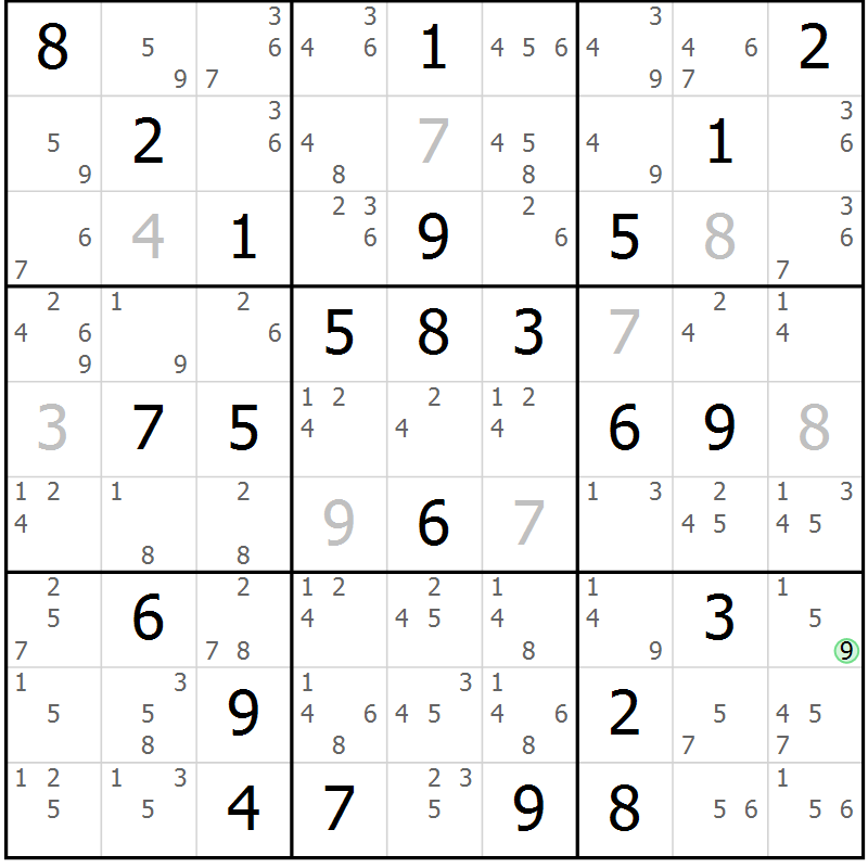 Position des candidats pour la solution de la Gr 72 page 75 du magazine de sudoku Sudoku Suprême n° 039
