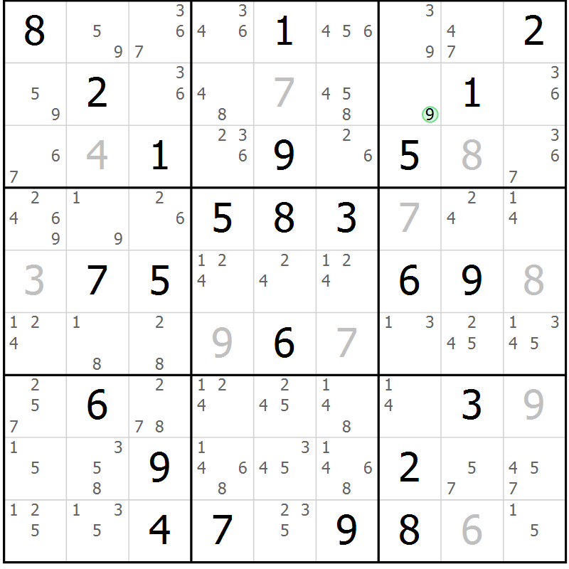 Position des candidats pour la solution de la Gr 72 page 75 du magazine de sudoku Sudoku Suprême n° 039