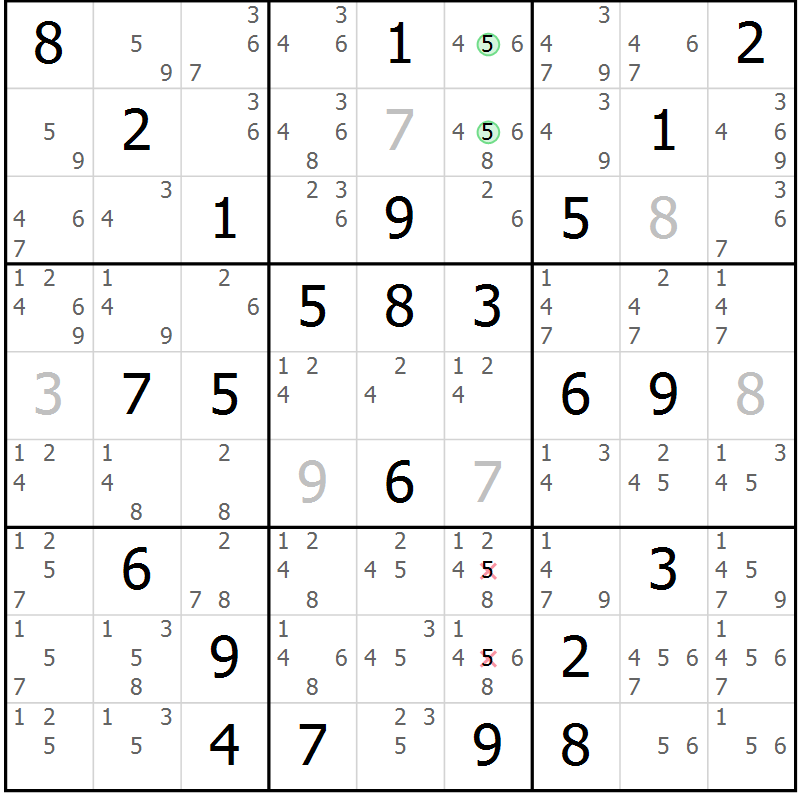 Position des candidats pour la solution de la Gr 72 page 75 du magazine de sudoku Sudoku Suprême n° 039