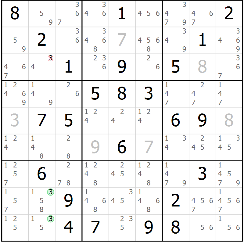 Position des candidats pour la solution de la Gr 72 page 75 du magazine de sudoku Sudoku Suprême n° 039