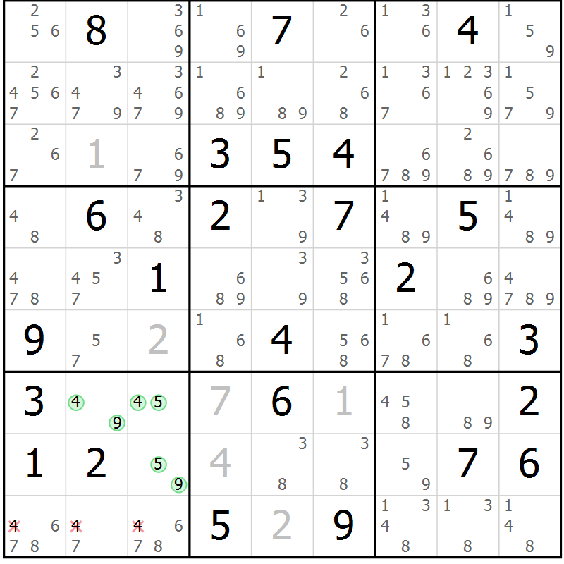 Position des candidats pour la solution de la Gr 73 page 76 du magazine de sudoku Sudoku Suprême n° 039