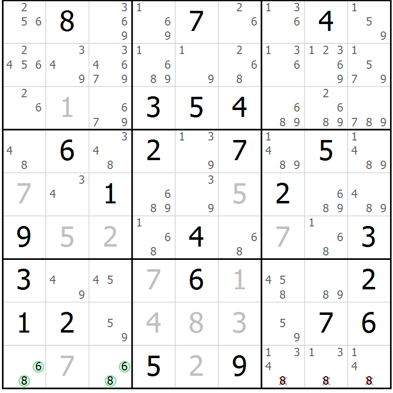 Position des candidats pour la solution de la Gr 73 page 76 du magazine de sudoku Sudoku Suprême n° 039