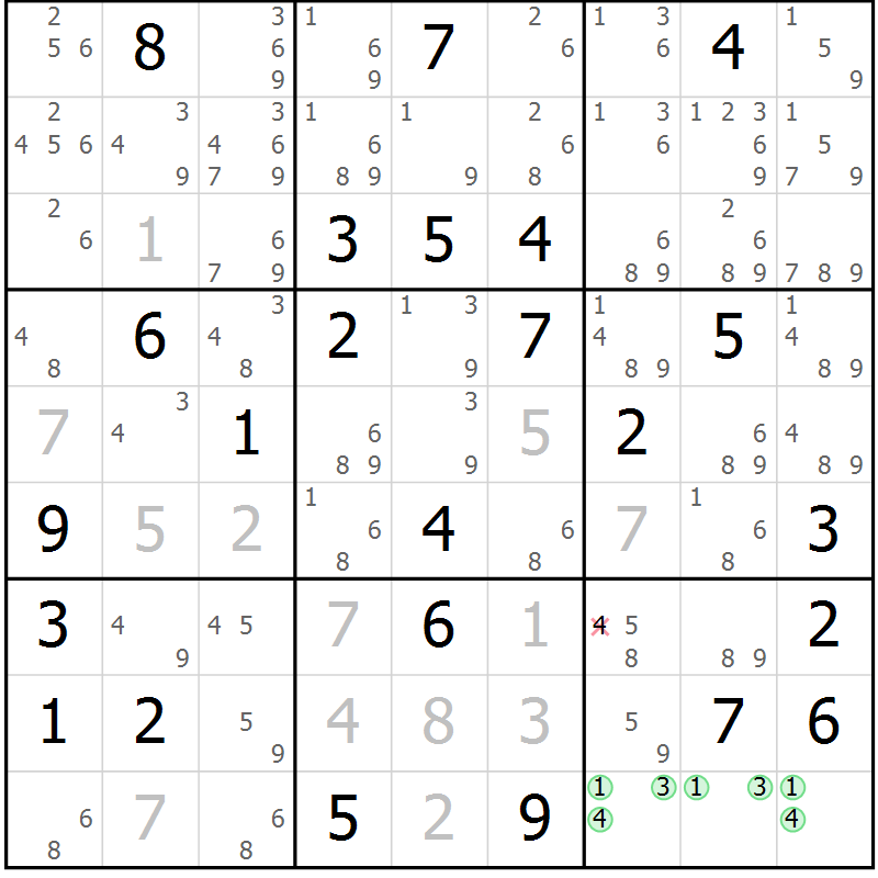 Position des candidats pour la solution de la Gr 73 page 76 du magazine de sudoku Sudoku Suprême n° 039